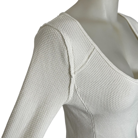 Waffle Knit White Long Sleeve Top With Boho Pattern On Sleeve - Picture 8 of 15